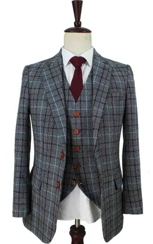 GREY BLUE HOUNDSTOOTH PLAID TWEED 3 PIECE SUIT