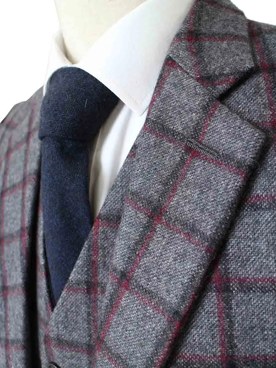 GREY RED WINDOWPANE PLAID TWEED 2 PIECE SUIT