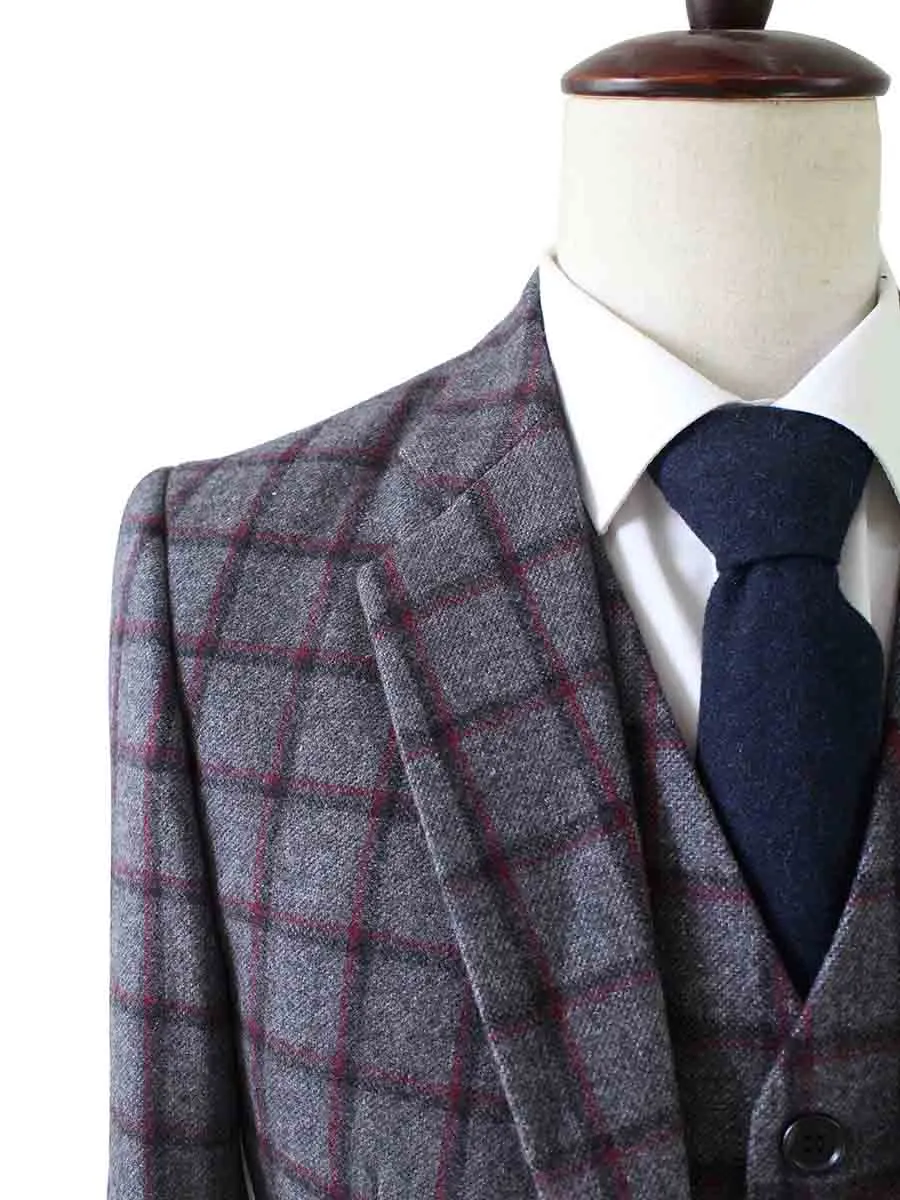 GREY RED WINDOWPANE PLAID TWEED 2 PIECE SUIT