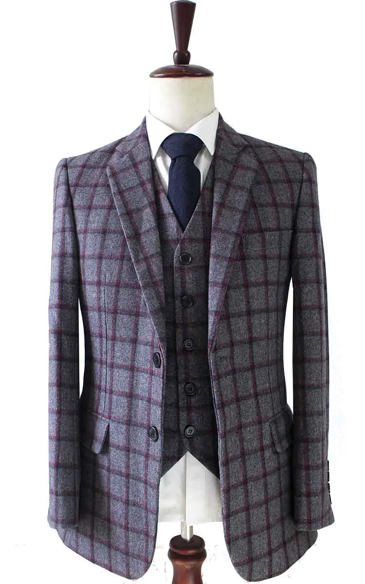 GREY RED WINDOWPANE PLAID TWEED 2 PIECE SUIT