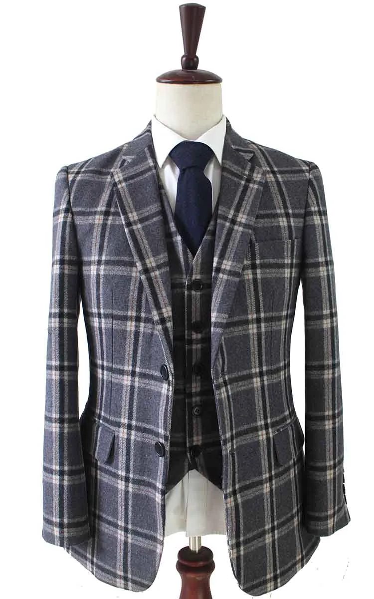 GREY WINDOWPANE PLAID TWEED 2 PIECE SUIT