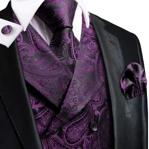 Hi-Tie Deep Purple Paisley Men's Collar Vest Hanky Cufflinks Tie Set