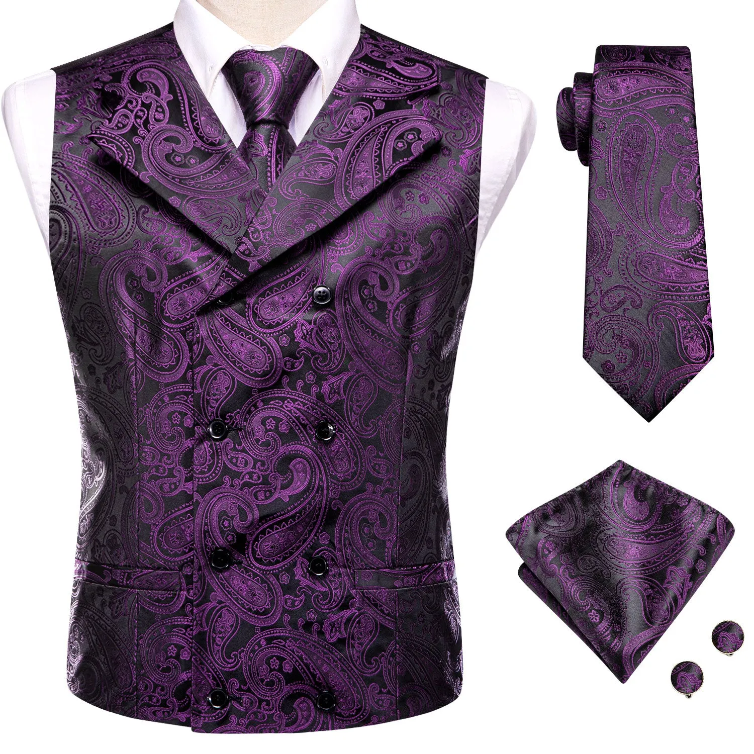 Hi-Tie Deep Purple Paisley Men's Collar Vest Hanky Cufflinks Tie Set