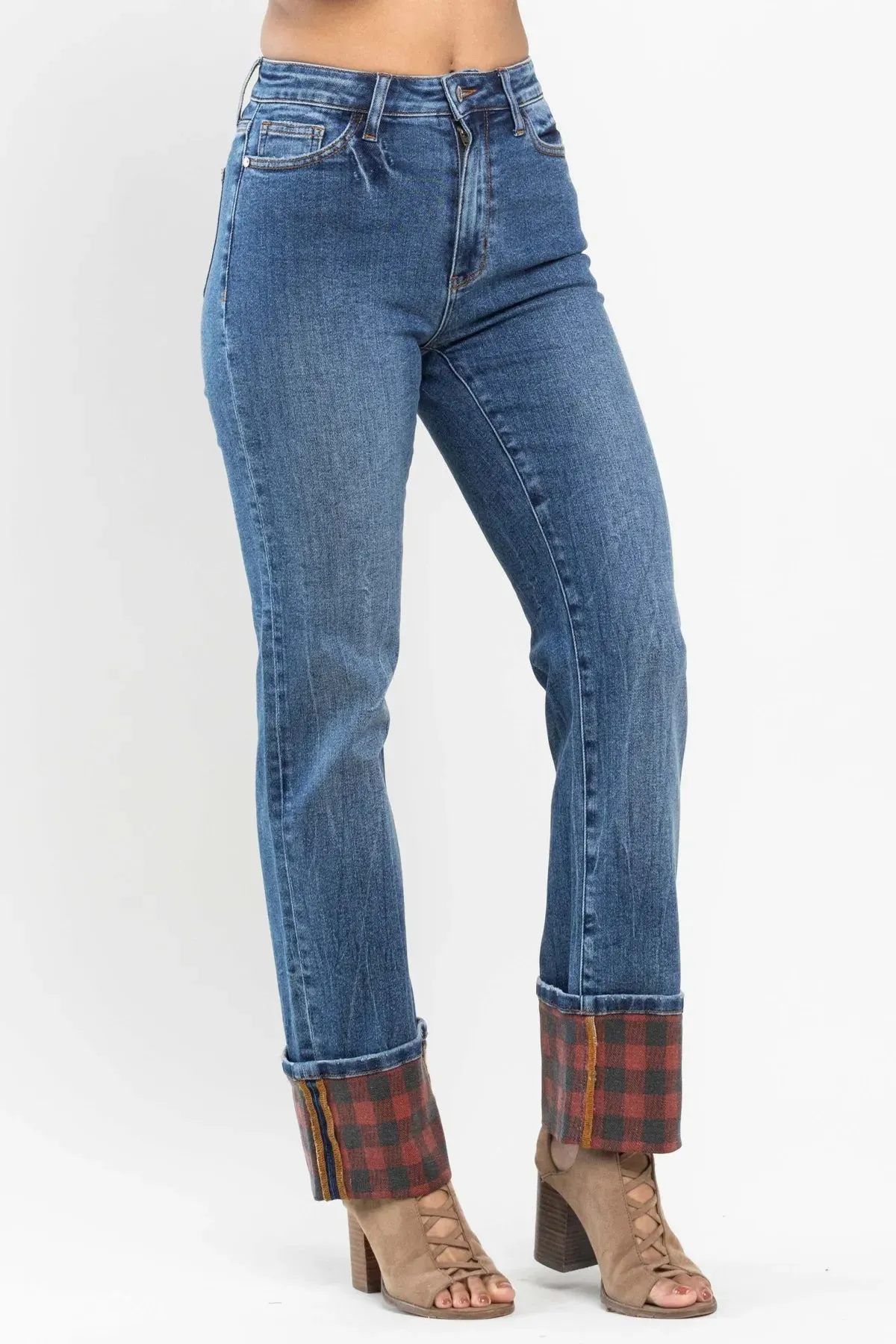 Judy Blue Buffalo Plaid Cuff Straight Leg