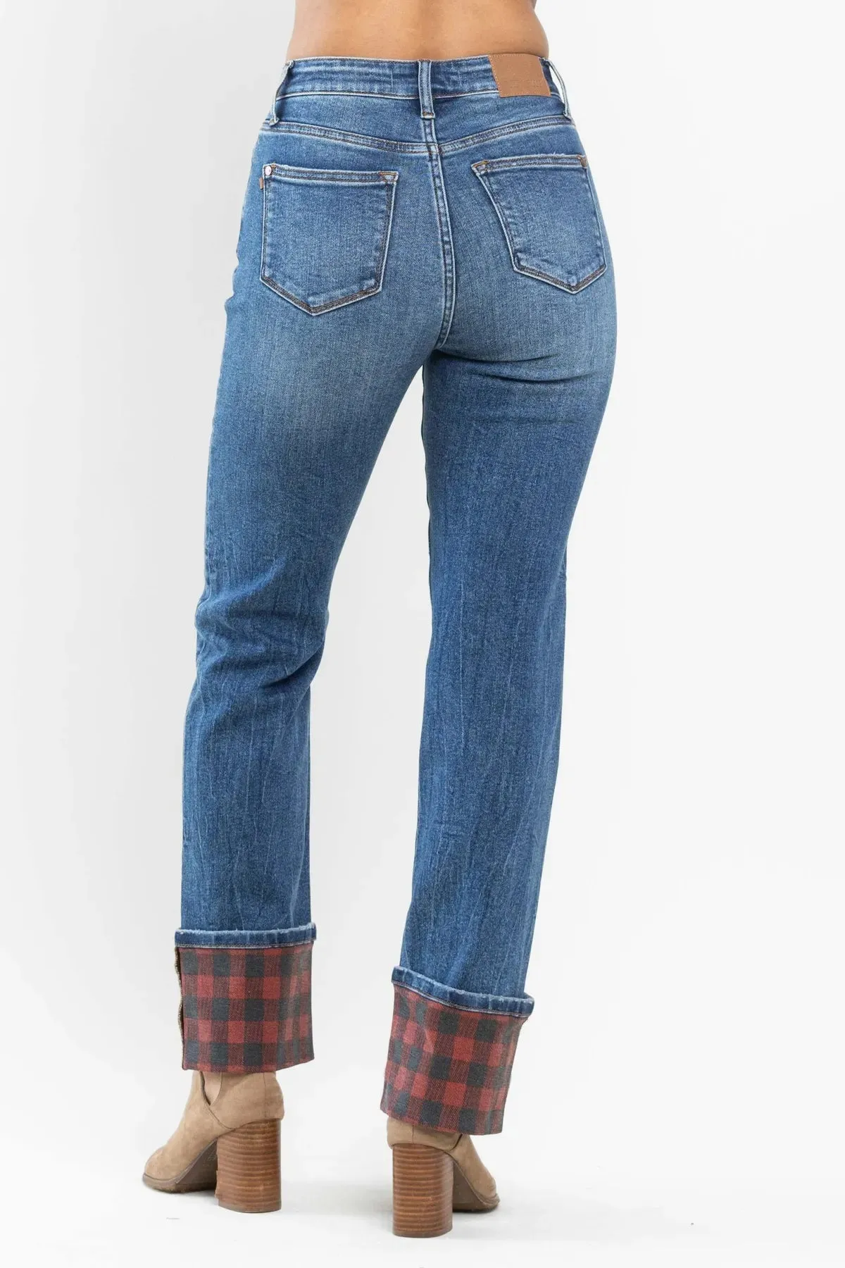 Judy Blue Buffalo Plaid Cuff Straight Leg