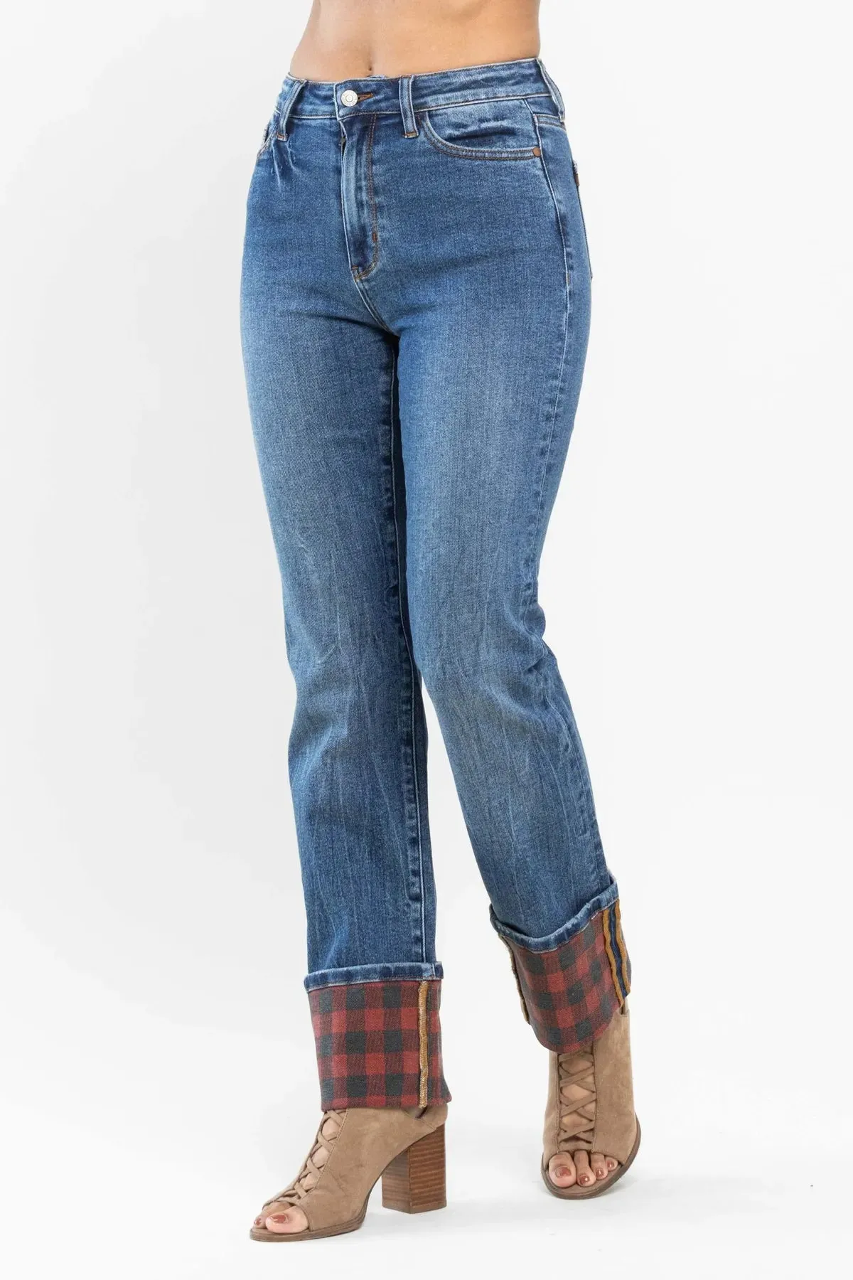 Judy Blue Buffalo Plaid Cuff Straight Leg