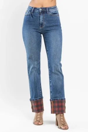 Judy Blue Buffalo Plaid Cuff Straight Leg