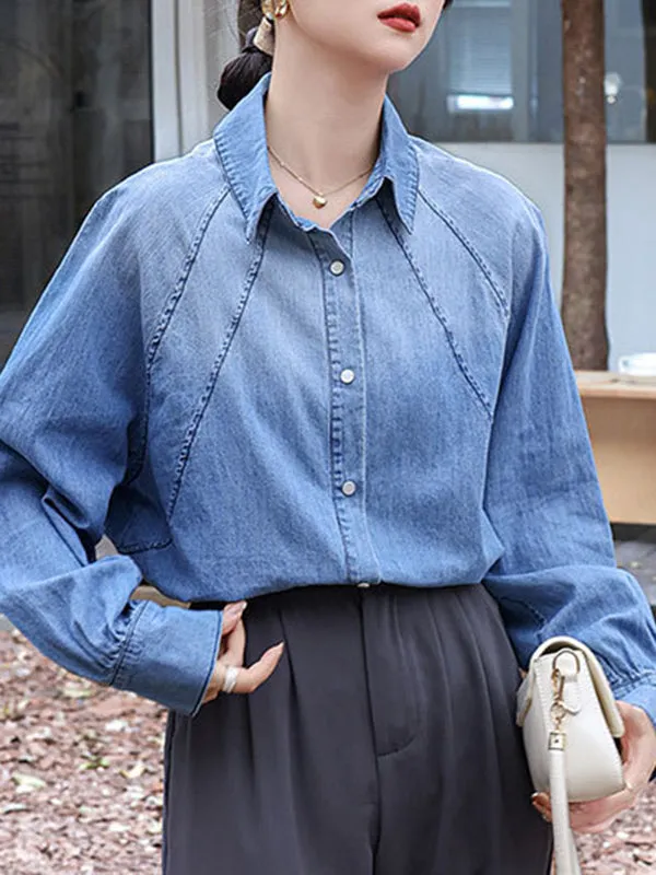 Long Sleeves Loose Buttoned Pleated Split-Joint Lapel Blouses&Shirts Tops