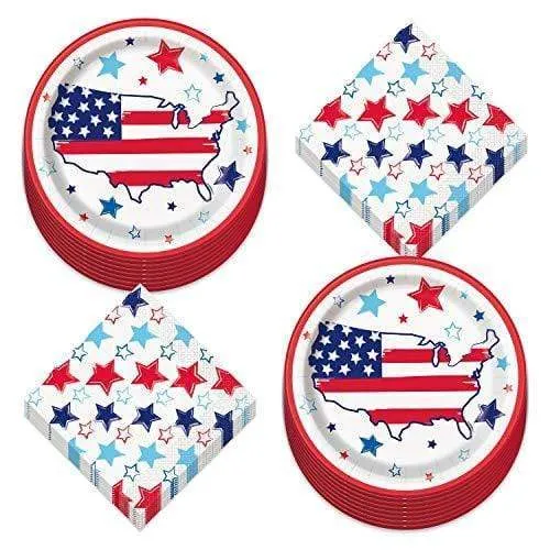 Patriotic America Paper Dinner Plates and Bright Stars Luncheon Napkins in Red, White, and Blue (Serves 16)