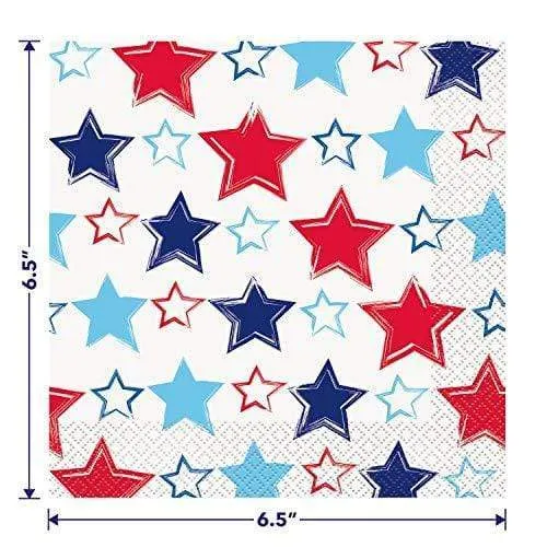 Patriotic America Paper Dinner Plates and Bright Stars Luncheon Napkins in Red, White, and Blue (Serves 16)