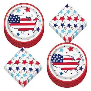 Patriotic America Paper Dinner Plates and Bright Stars Luncheon Napkins in Red, White, and Blue (Serves 16)