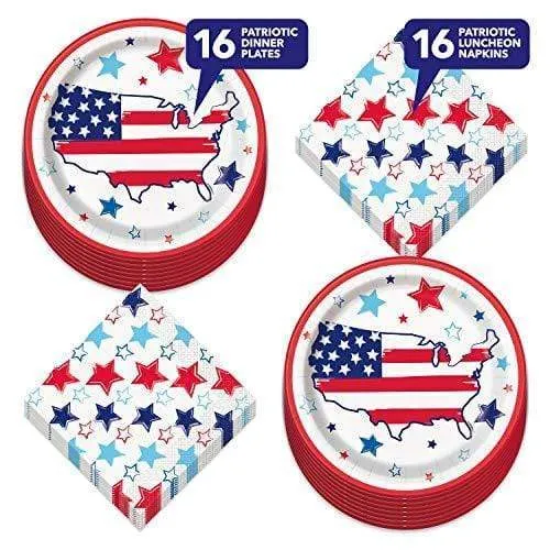 Patriotic America Paper Dinner Plates and Bright Stars Luncheon Napkins in Red, White, and Blue (Serves 16)