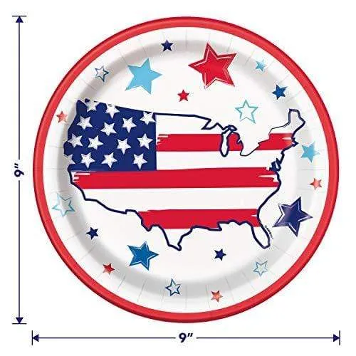 Patriotic America Paper Dinner Plates and Bright Stars Luncheon Napkins in Red, White, and Blue (Serves 16)