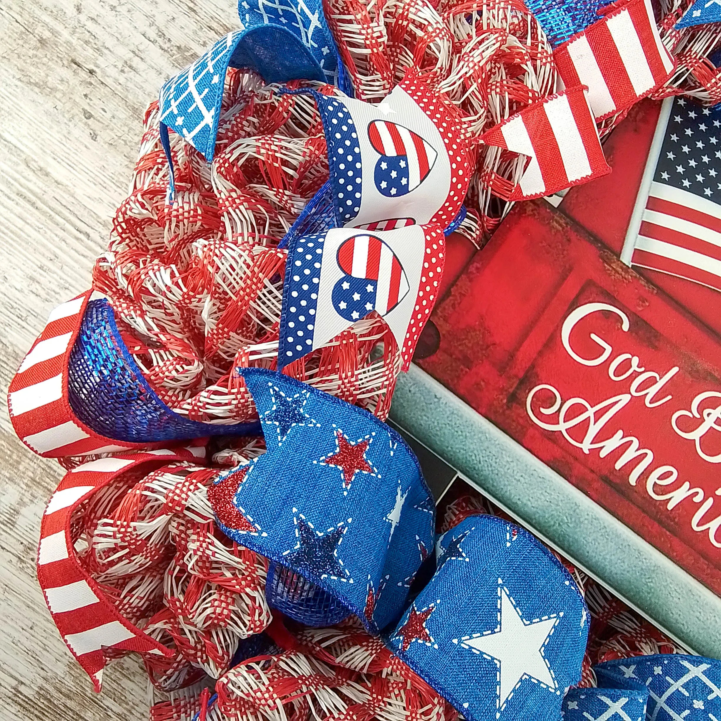 Patriotic Burlap Wreath, American Flag Themed Door Hanger, God Bless America Decorative Sign