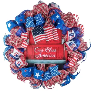 Patriotic Burlap Wreath, American Flag Themed Door Hanger, God Bless America Decorative Sign