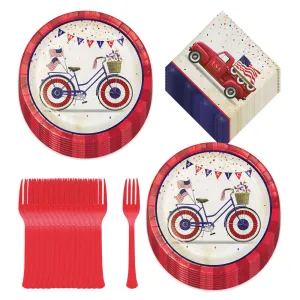 Patriotic Parade American Flag Truck & Bicycle Paper Dessert Plates, Beverage Napkins, and Forks (Serves 16)