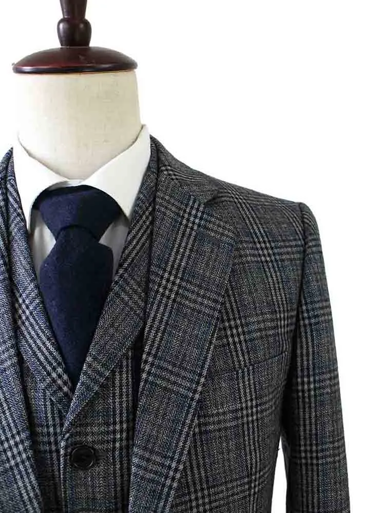 RETRO GREY BLUE PLAID TWEED 2 PIECE SUIT