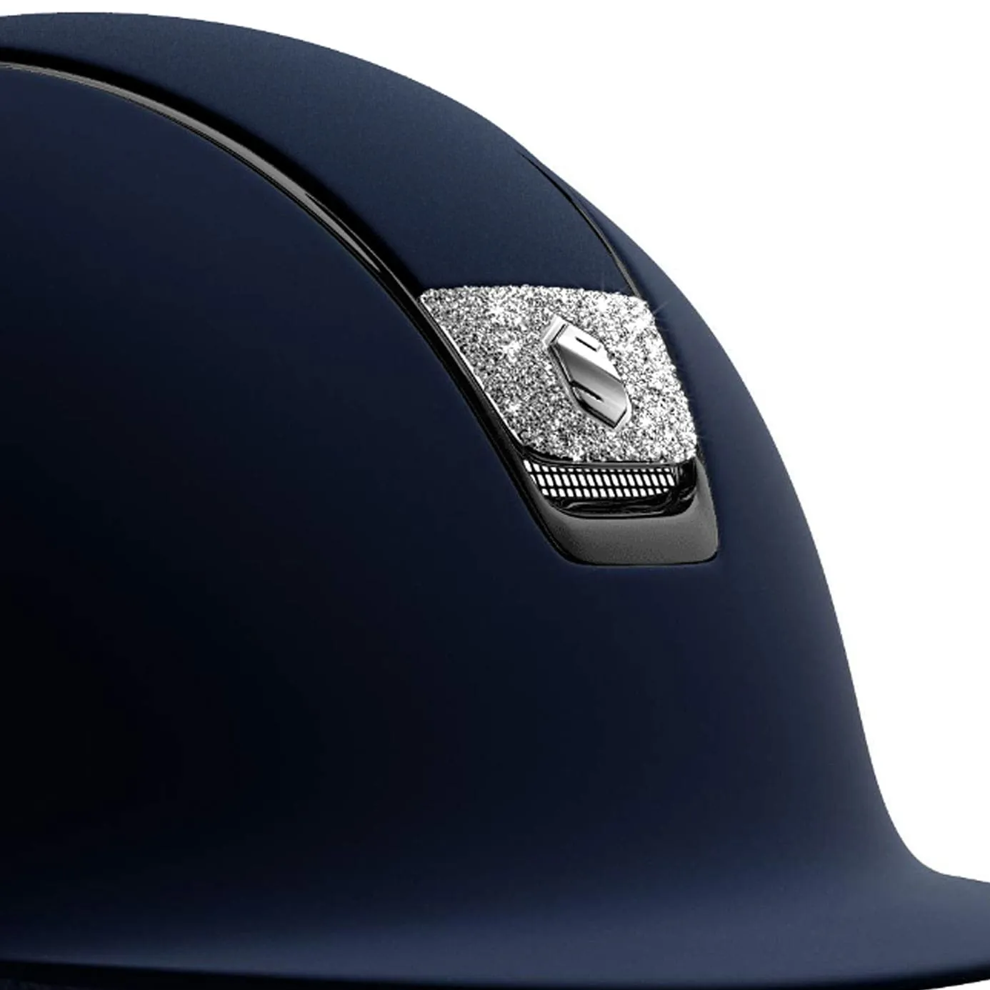 Samshield V1 Navy Shadowmatt Riding Hat with Silver Crystal Fabric Blazon