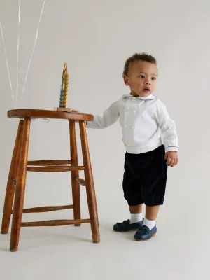 Sarah Louise Ivory Shirt & Navy Velvet Shorts with Cummerbund