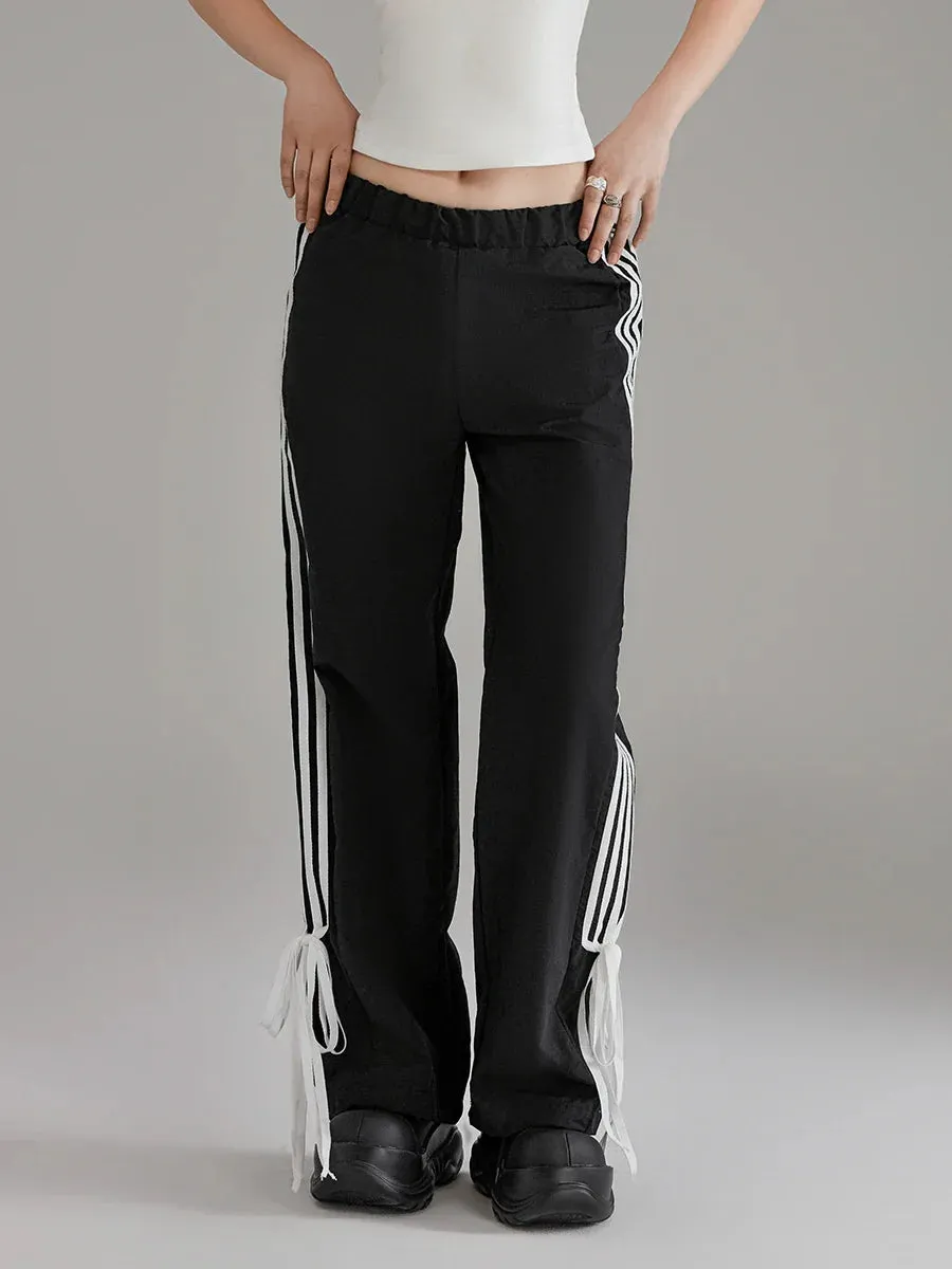 Summer Sports Black Elastic Waist Side Striped Jogger Spring Pants