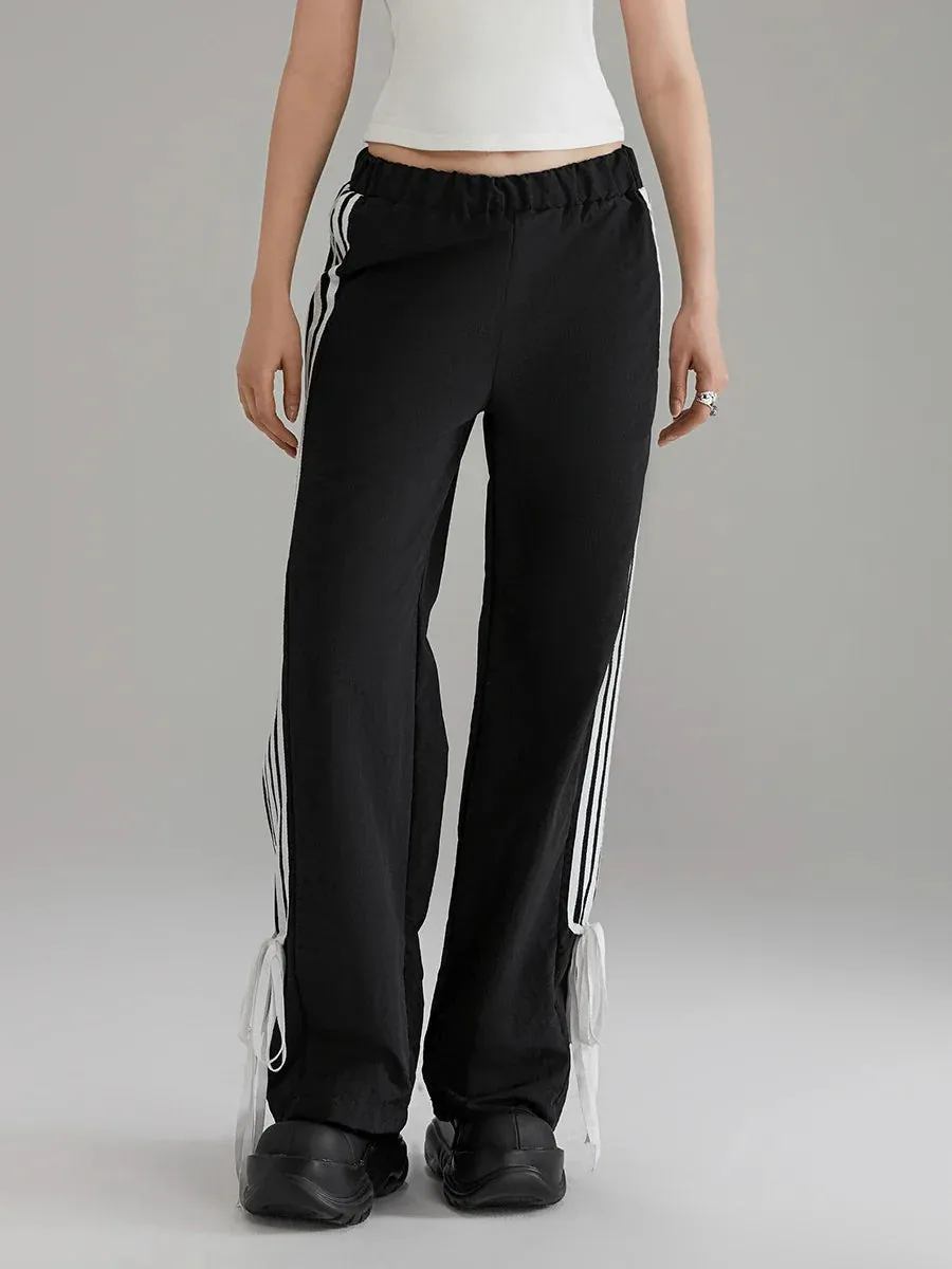 Summer Sports Black Elastic Waist Side Striped Jogger Spring Pants