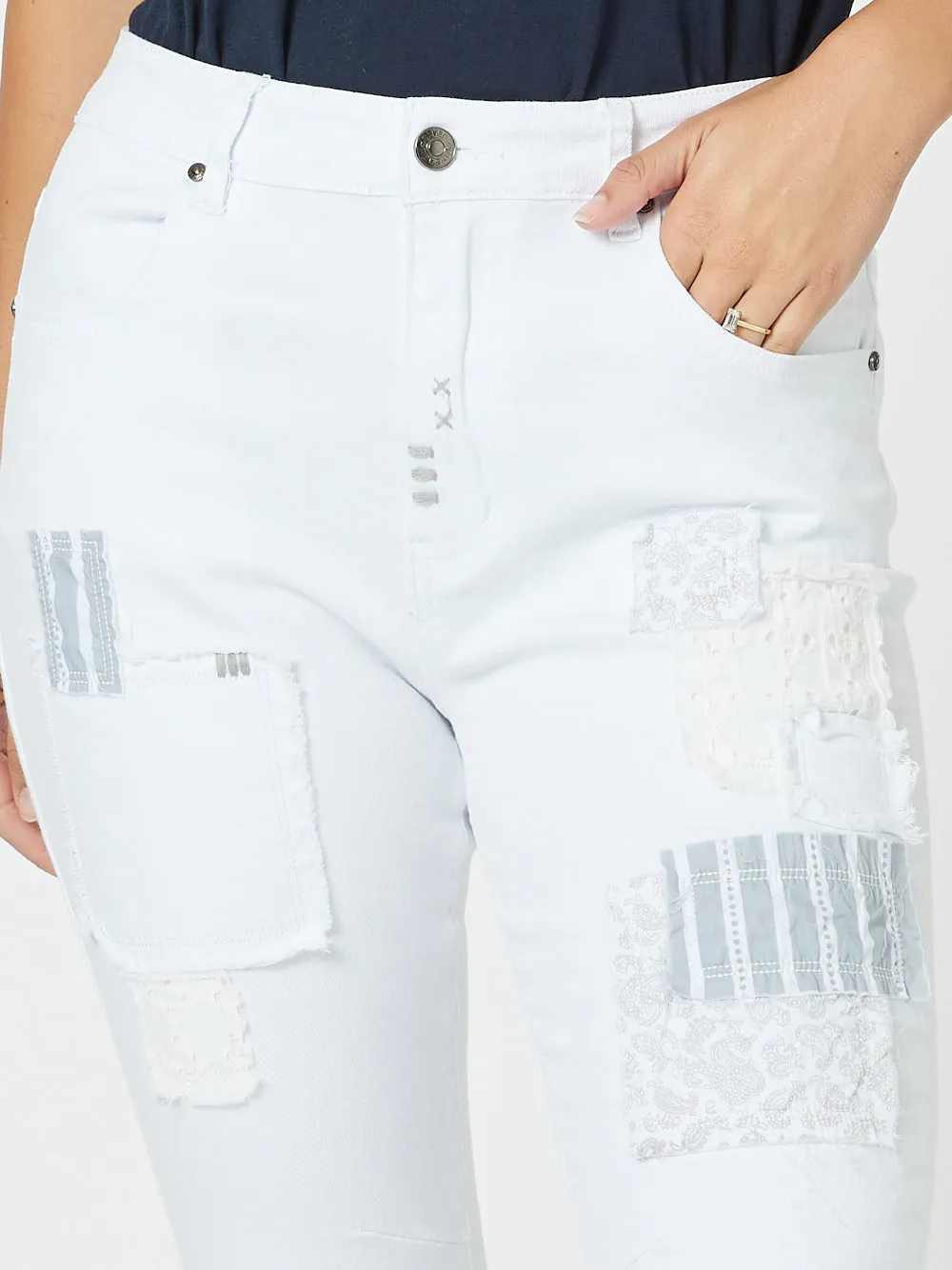 Taylor Patch High Rise Skinny Leg Jeans - White