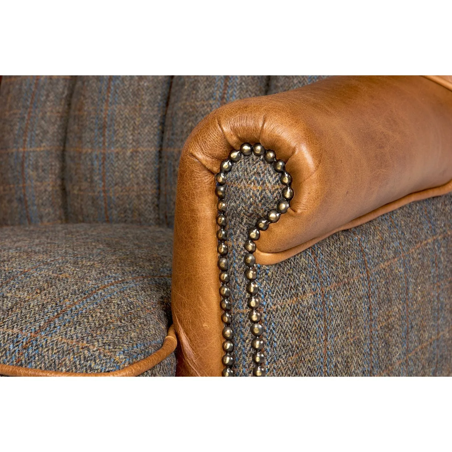 Uist Night Harris Tweed and Brown Cerato Leather Fluted Wing Armchair