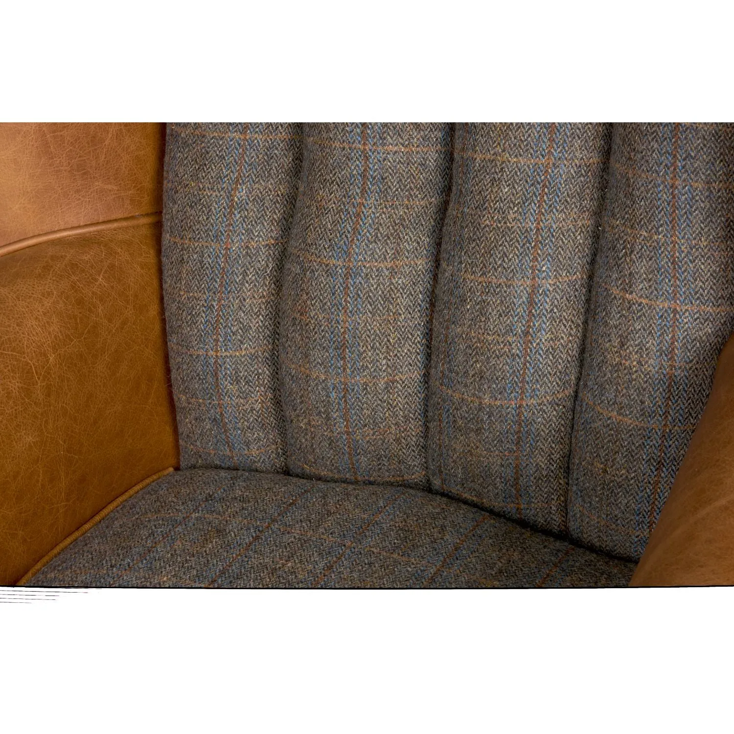 Uist Night Harris Tweed and Brown Cerato Leather Fluted Wing Armchair