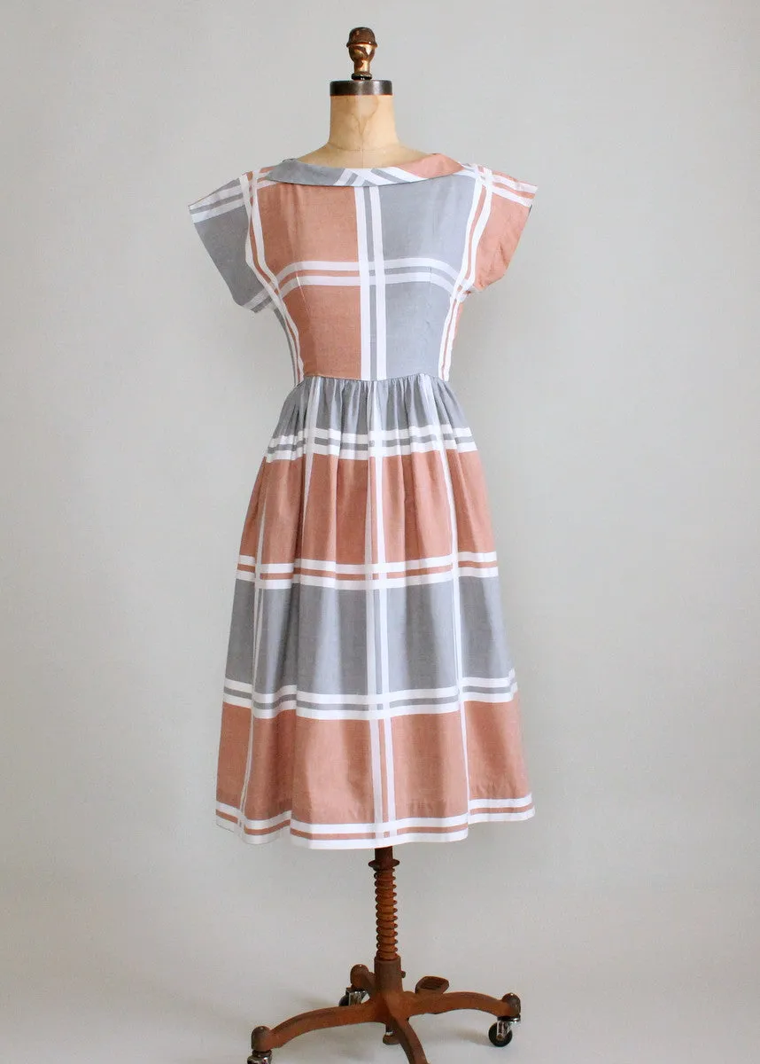 Vintage 1950s Neutral Windowpane Plaid Cotton Dress