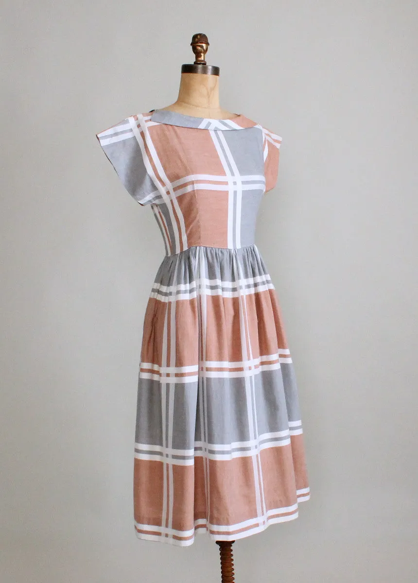 Vintage 1950s Neutral Windowpane Plaid Cotton Dress