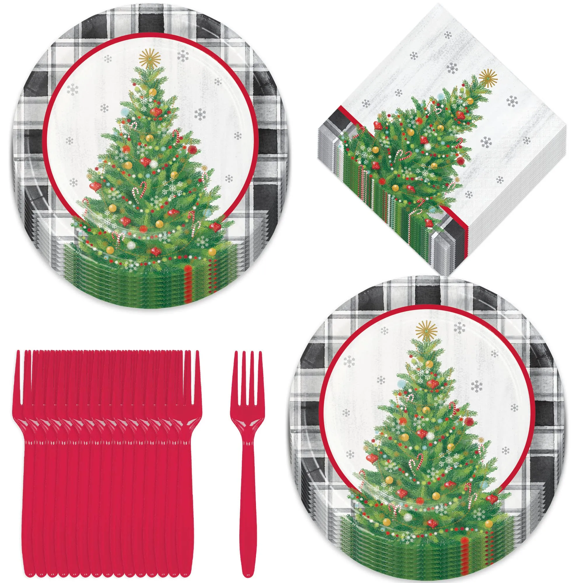 Vintage Christmas Tree Holiday Party Paper Plates, Napkins, and Forks (Serves 16)