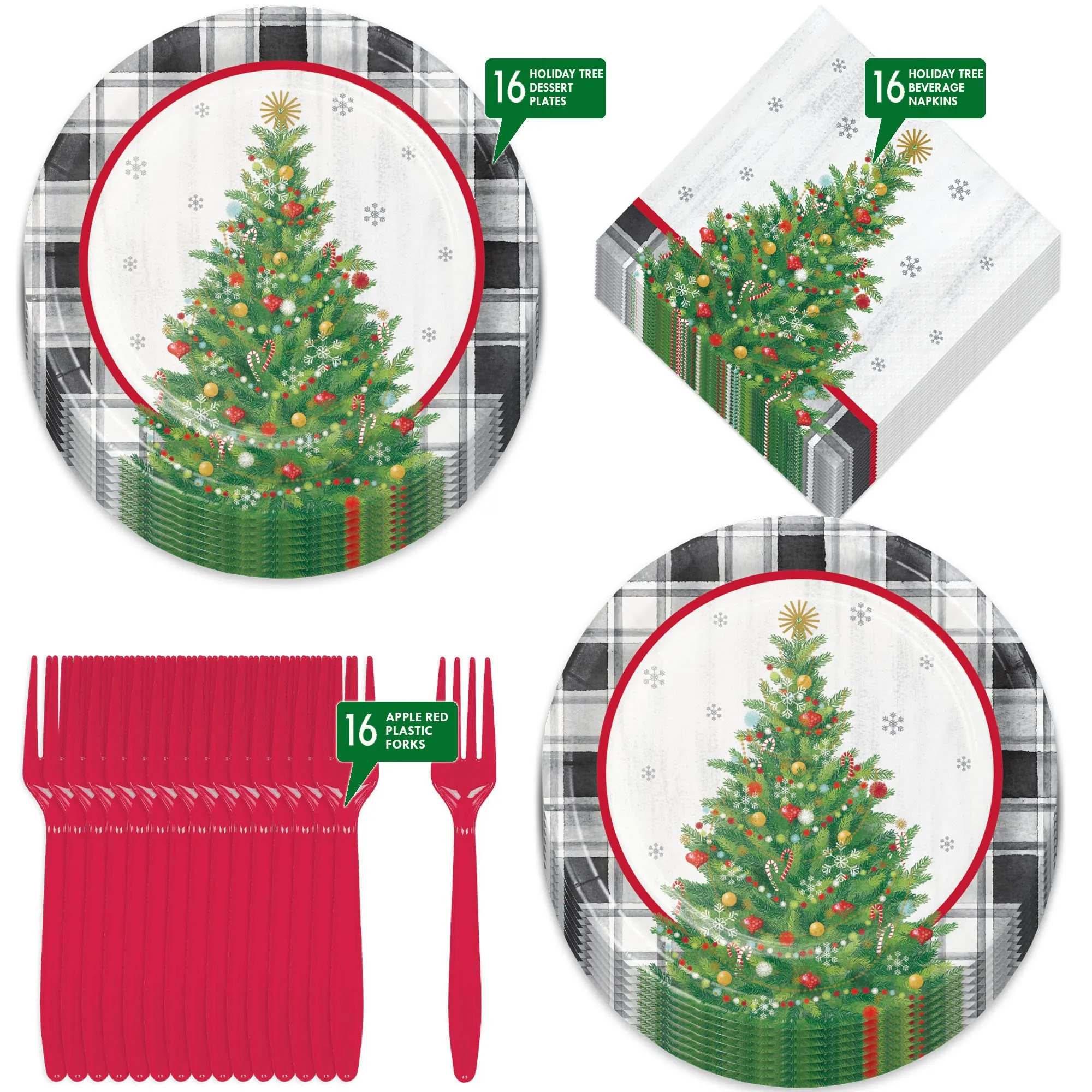 Vintage Christmas Tree Holiday Party Paper Plates, Napkins, and Forks (Serves 16)