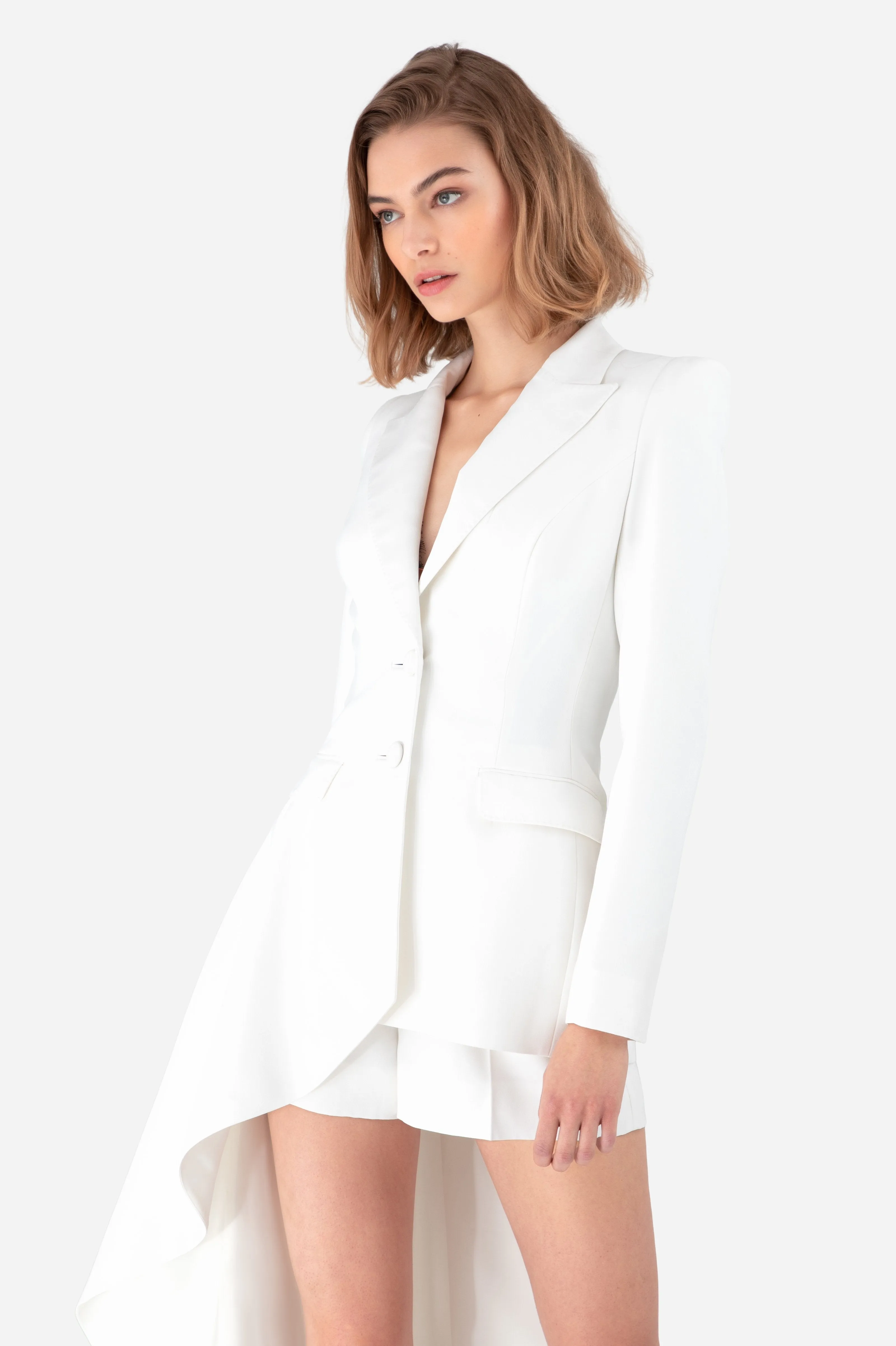 White Satin Crepe Blazer with Asymmetric Tail