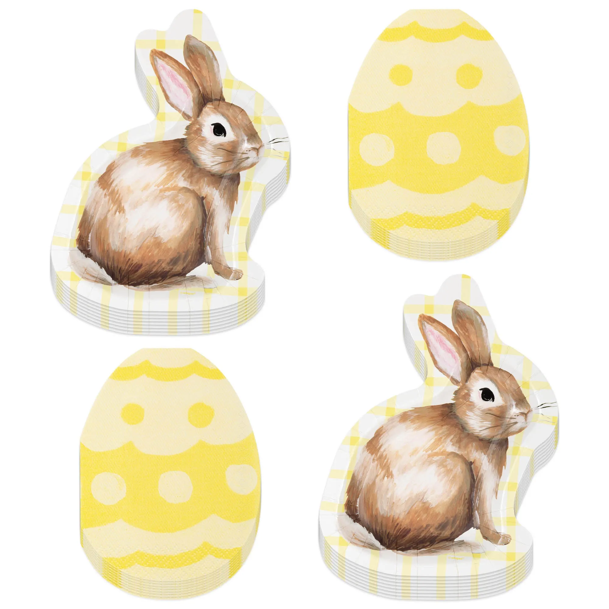 Yellow Plaid Easter Bunny-Shaped Paper Dessert Plates and Yellow Egg-Shaped Napkins