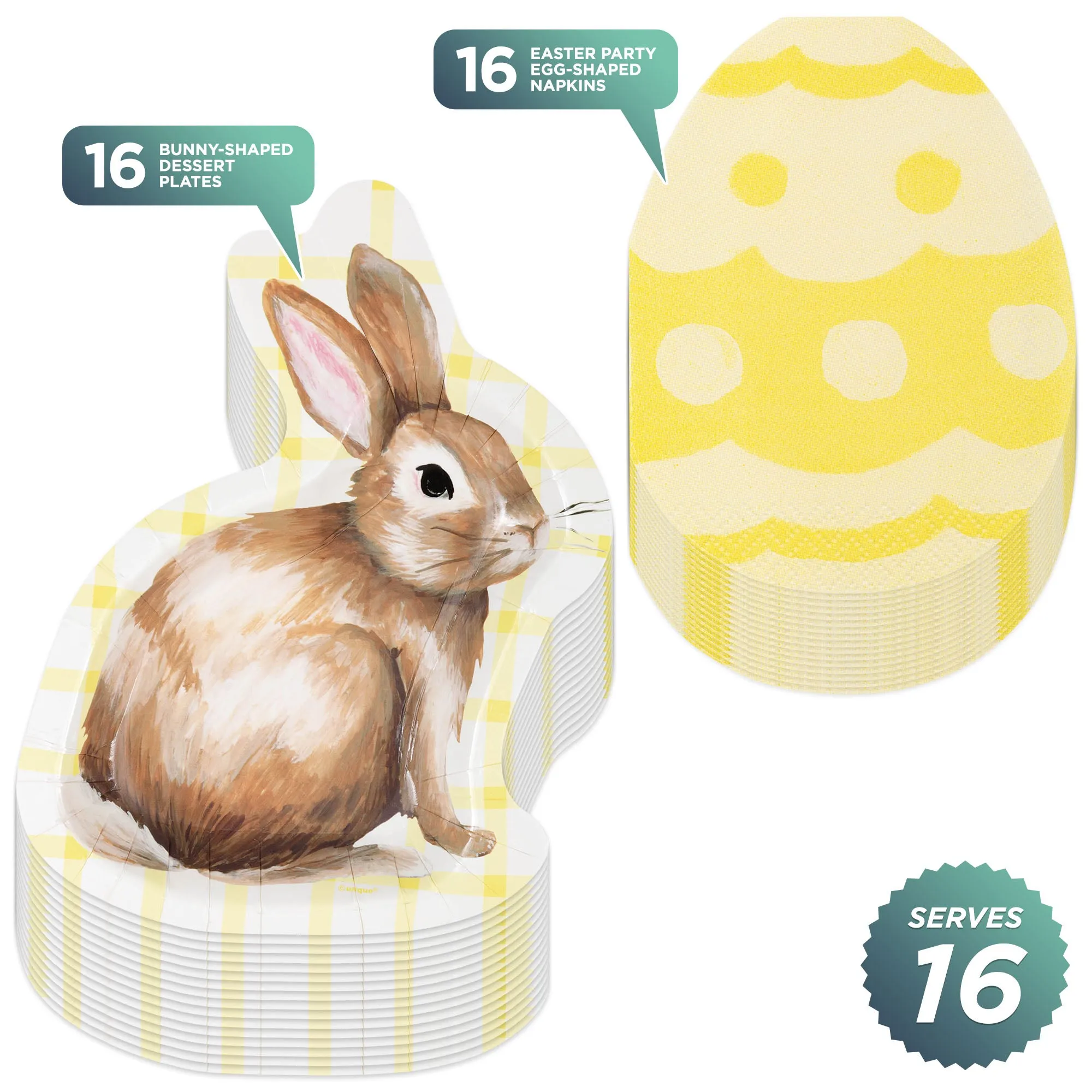 Yellow Plaid Easter Bunny-Shaped Paper Dessert Plates and Yellow Egg-Shaped Napkins