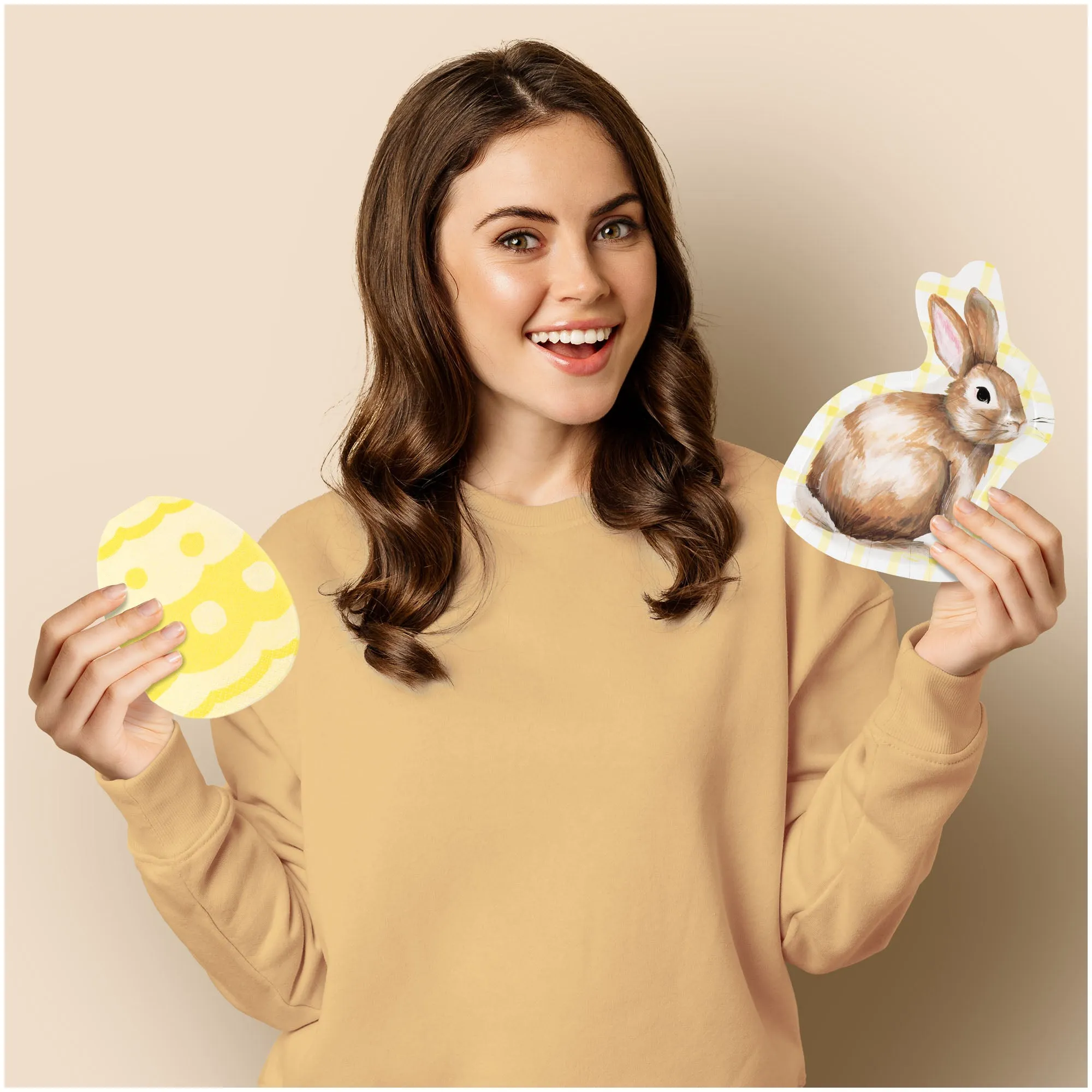 Yellow Plaid Easter Bunny-Shaped Paper Dessert Plates and Yellow Egg-Shaped Napkins