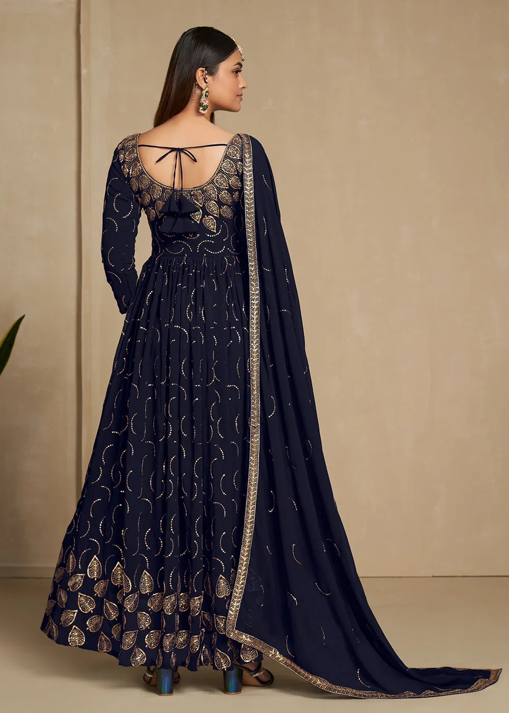 Zari & Sequins Embroidered Navy Blue Anarkali Suit