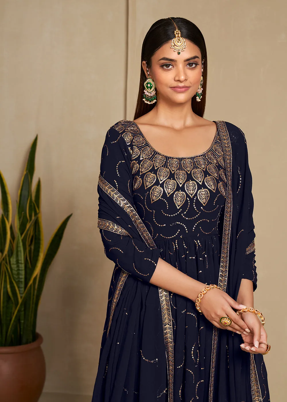 Zari & Sequins Embroidered Navy Blue Anarkali Suit