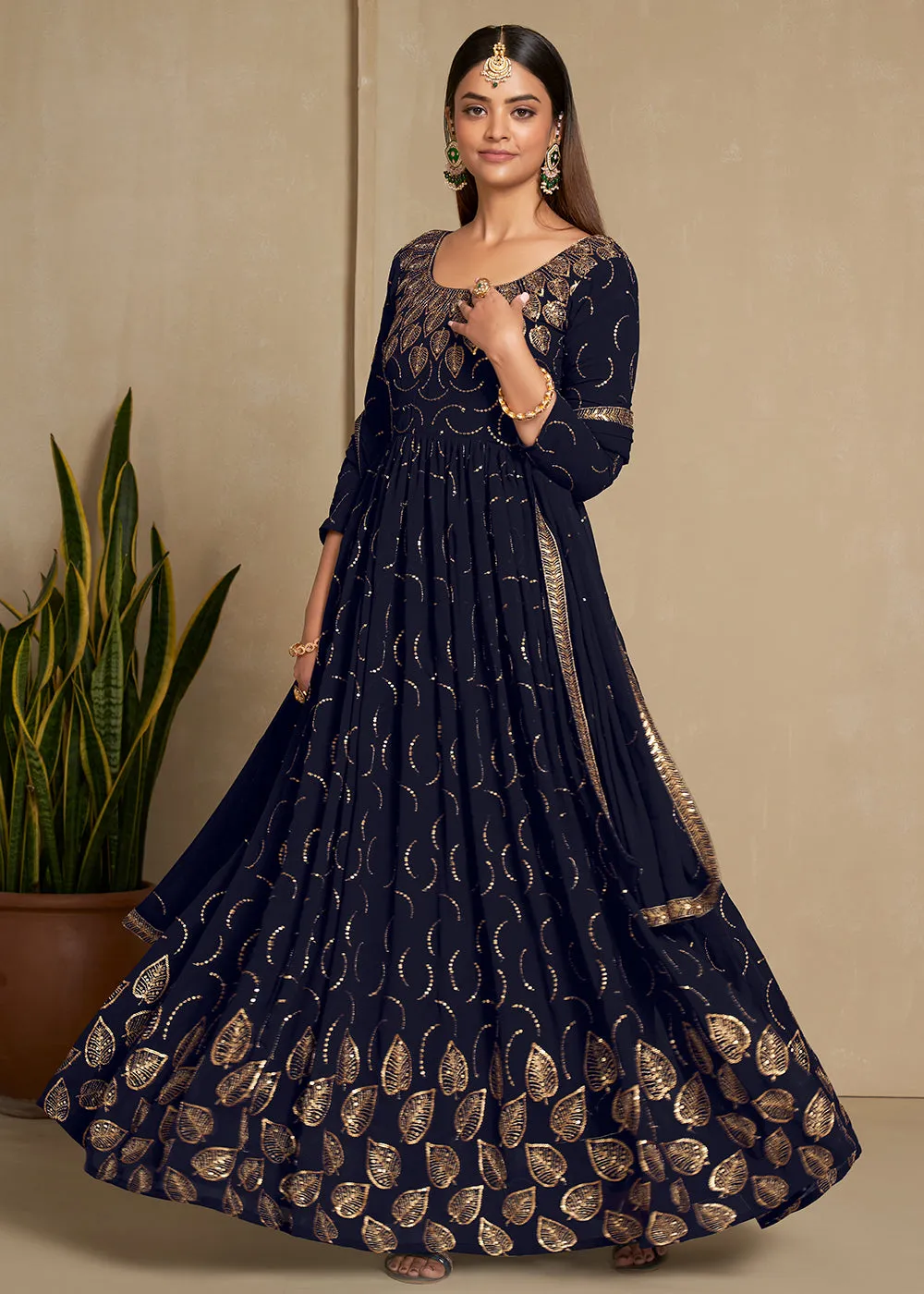 Zari & Sequins Embroidered Navy Blue Anarkali Suit